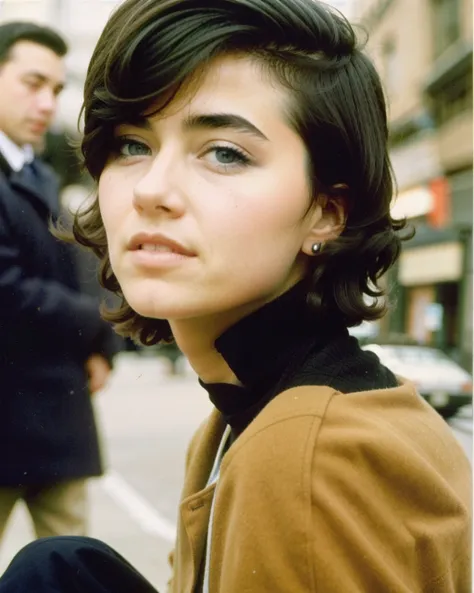 color Film photograph of a beautiful woman, short hair, new york, city street 1960s, <lora:80s Japan 2:0.5>