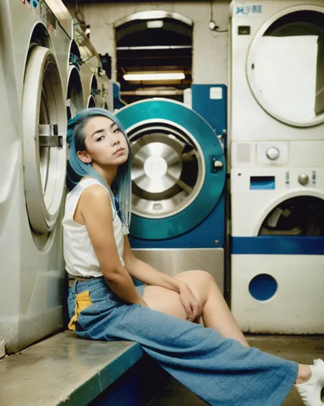 color film photograph, young woman, atomic punk, blue hair, laundry room, dry cleaners, washing machines, <lora:80s Japan 2:0.5>