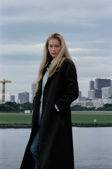 color film photograph of blonde supermodel woman, wearing black (long coat), 1980s, pastel colors, Tokyo, looking into the distance, modelshoot style, analog style, 35mm, dramatic light, flat chest , <lora:80sJapanAnalogFilm_10:0.7>