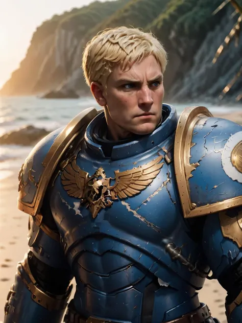 a middle aged man wearing blue knight armor, (full body shot:1.5), short blonde hair, beach background at sunset, summer vibes, (broken, cracked, torn off, armor glitch, cracks, torn armor, missing parts, bullet holes:2.0),
roboute, roboute face, wearing laurel <lora:roboute guilliman-knight armor:0.8>, RAW candid cinema, 16mm, color graded portra 400 film, remarkable color, ultra realistic, textured skin, remarkable detailed pupils, realistic dull skin noise, visible skin detail, skin fuzz, dry skin, shot with cinematic camera
