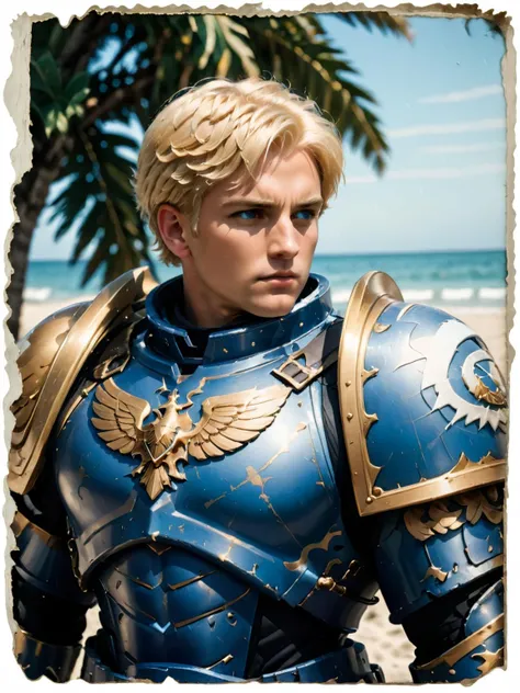 analog film photo a man wearing blue knight armor, short blonde hair, beach background, summer vibes, (armor cutout:1.2),
roboute, roboute face, wearing laurel <lora:roboute guilliman-knight armor:0.7> . faded film, desaturated, 35mm photo, grainy, vignette, vintage, Kodachrome, Lomography, stained, highly detailed, found footage