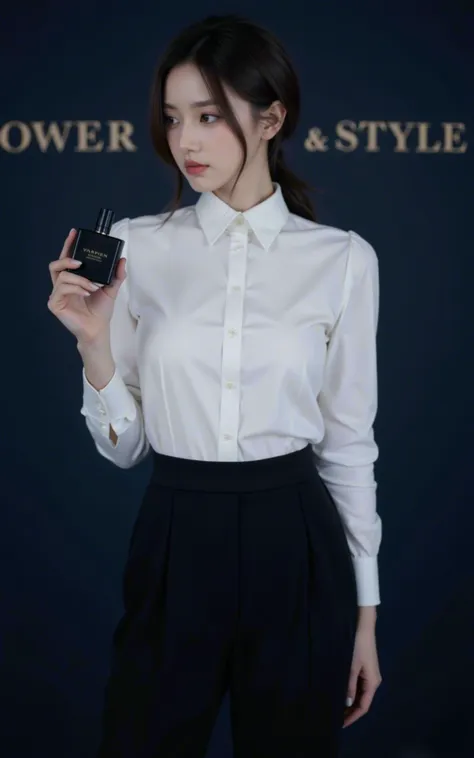 Against a sleek, dark blue background, the woman is styled in a sharp, tailored white blouse with a high collar and buttoned-up cuffs. Her skirt is high-waisted, made of structured, black material, creating a polished and professional look. Her hair is pulled back into a sleek, low ponytail, giving her a modern and corporate appearance. She holds a minimalist perfume bottle, black with gold accents. The background text reads "POWER & STYLE" in bold, clean lines, representing confidence and professional elegance.