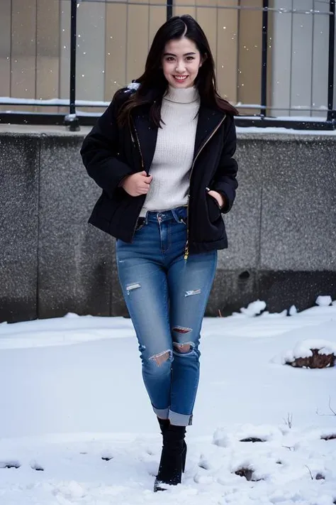 ãã¹ã¿ã¼ãã¼ã PHOTOREALISTIC REALISTIC,masterpiece,best quality,highres,ultra detailed,8k,1woman,looking at viewer,makeup,lipstick,smile,teeth,open mouth,city,winter,snow,full body,fur coat,turtleneck,pants,high heels, <lora:wangzuxiannsfw80:0.6>