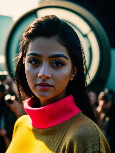 GayathrieShankar,<lora:GayathrieShankarSD1.5:1> (art by Mary Beale:0.8) , A photorealistic image of a woman, at a red carpet event, dressed in an elegant turtleneck sweater, with neon lighting reflecting her bold makeup, in a bustling Hollywood setting, captured in a third-person perspective with fish-eye lens, in a glossy magazine cover style, adding dramatic and cinematic effects, analog film grain, bokeh