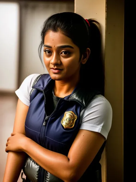 GayathrieShankar,<lora:GayathrieShankarSD1.5:1>,photo,detailed background, stunning beauty, high quality photo, perfect composition, perfect details and textures, highly detailed, front view, looking at camera, perfect lighting, with a ponytail, with a bulletproof vest and a shotgun, policewoman