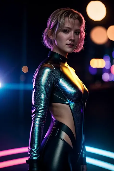 A lovely woman (Kate Blanchett|Kate Mara, age 25, sexy Tron Lingerie neon high lights, backlit eyes, virtual bedroom, virtual world neon trim, full body shown