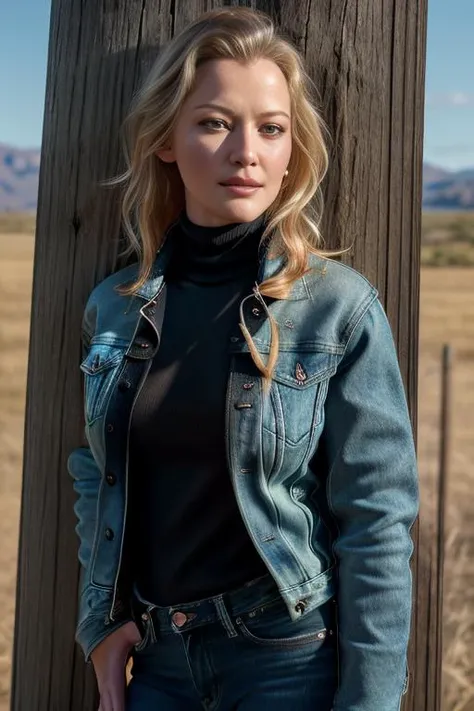 (RAW, analogue, Nikon Z 14mm ultra-wide angle lens, award-winning glamour photograph, ((best quality)), ((masterpiece)), ((realistic)), skin pores, subsurface scattering, radiant light rays, high-res, detailed facial features, high detail, sharp focus, smooth, aesthetic, extremely detailed, (extremely detailed eyes, extremely detailed iris), extremely detailed hair, extremely detailed skin, extremely detailed clothes, octane render, photorealistic, realistic, post-processing, max detail, realistic shadows, roughness, natural skin texture, real life, ultra-realistic, photorealism, photography, 8k UHD, photography, hdr, intricate, elegant, highly detailed, sharp focus, stunning, beautiful, gorgeous), (photorealistic), (realistic), gr3tch3nm01, full body, blond hair, green eyes, (denim jacket:1.3), (black turtleneck sweater:1.1), jeans, lips, outdoors, on a ranch, leaning on a wooden post, looking at viewer, upper body, morning, bright, <lora:Gretchen_Mol_PMv1_Lora:1.3>,