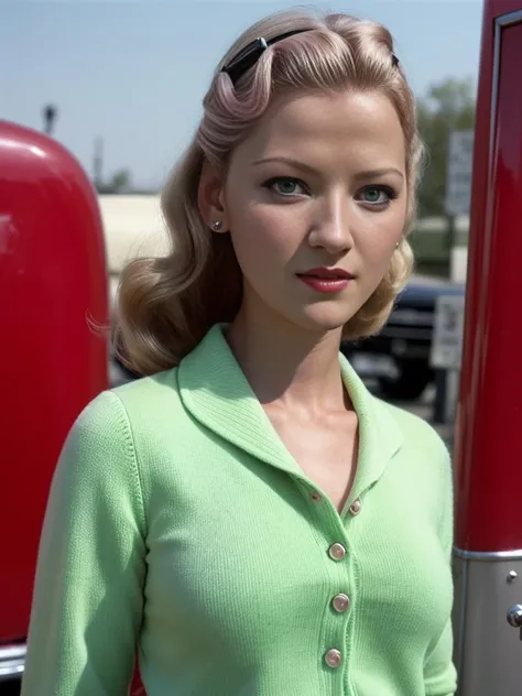 photo and gross. BETTE DAVIS, sitting on a 5.0 car, SAILOR Girls, pastel colours (green, pink, red), 22 years old, perfect body, pin-up, casual dress,san fransisco 1970, perspective, half body detail, sharp focus, light mix, detail, 70's, (high skin detail: 1,2), 8k hd, DSLR, Luz outfit, high quality, Fujifilm XT3 Grainy Films.
