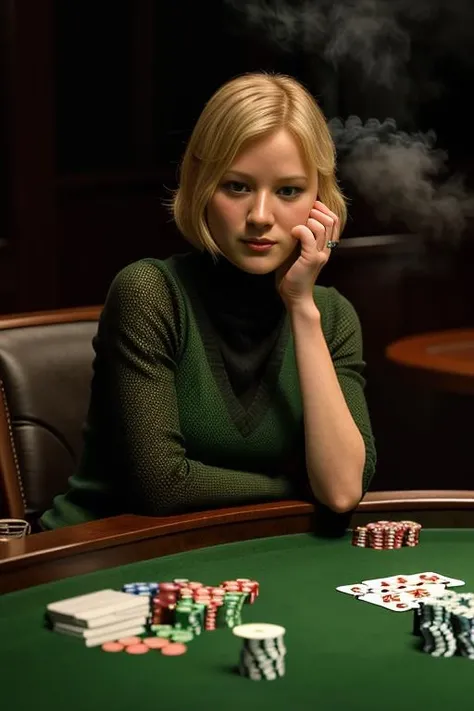 gr3tch3nm01 sitting across at green felt poker table, green aesthetic, dim lighting, playing cards and poker chips on table, smoke in the air, items, atmosphere, intricate details, best quality, masterpiece, natural lighting, rich colors, (realistic:1.2), lifelike textures, sharp focus, RAW color photo, bloom, sfw, <lora:Gretchen_Mol_PMv1_Lora:1.3>,