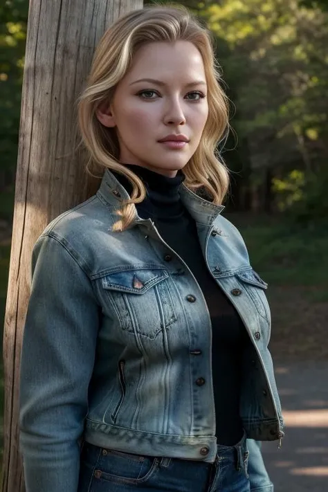 (RAW, analogue, Nikon Z 14mm ultra-wide angle lens, award-winning glamour photograph, ((best quality)), ((masterpiece)), ((realistic)), skin pores, subsurface scattering, radiant light rays, high-res, detailed facial features, high detail, sharp focus, smooth, aesthetic, extremely detailed, (extremely detailed eyes, extremely detailed iris), extremely detailed hair, extremely detailed skin, extremely detailed clothes, octane render, photorealistic, realistic, post-processing, max detail, realistic shadows, roughness, natural skin texture, real life, ultra-realistic, photorealism, photography, 8k UHD, photography, hdr, intricate, elegant, highly detailed, sharp focus, stunning, beautiful, gorgeous), (photorealistic), (realistic), gr3tch3nm01, full body, blond hair, green eyes, (denim jacket:1.3), (black turtleneck sweater:1.1), jeans, lips, outdoors, on a ranch, leaning on a wooden post, looking at viewer, upper body, morning, bright, <lora:Gretchen_Mol_PMv1_Lora:1.3>,