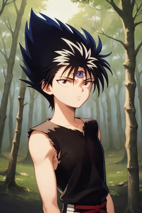 masterpiece, best quality, 1boy, hiei, black hair, white hair, spiked hair, red eyes, third eye, upper body, sleeveless, torn clothes, solo, trees, forest background <lora:Hiei:1>