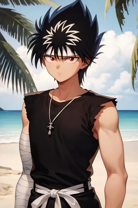 masterpiece, best quality, 1boy, hiei, black hair,  white hair, spiked hair, red eyes, headband, bandages, upper body, sleeveless, torn clothes, solo, sea, sand, tropical island background <lora:Hiei:1>