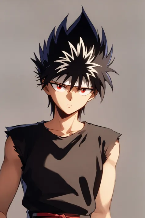 masterpiece, best quality, 1boy, hiei, black hair, white hair, spiked hair, red eyes, headband, upper body, sleeveless, torn clothes, sketch, solo, simple background <lora:Hiei:1>