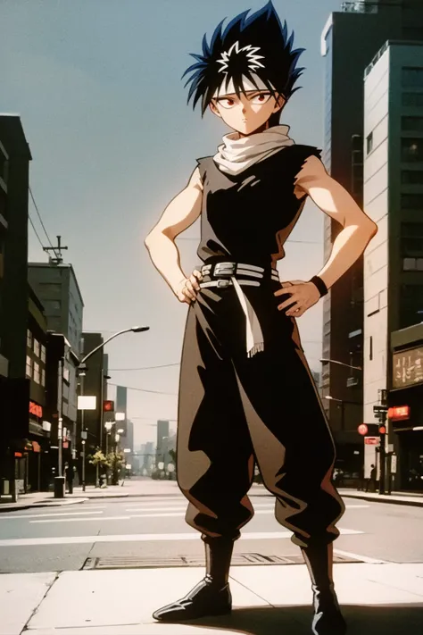 masterpiece, best quality, 1boy, hiei, black hair, white hair, spiked hair, red eyes, headband, white scarf, belt, black footwear, black pants, hands on hips, contrapposto, full body, standing, solo, buildings, tokyo street background <lora:Hiei:1>