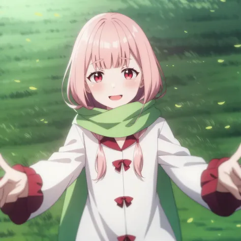 <lora:Carmilla:1>,
( anime screencap:1.1),outdoors,field,(hill:1.6),,blue sky,
1girl, pink hair, solo, green scarf, cowboy shot,looking at viewer, smile, standing, red eyes, long sleeves, bangs, long hair, closed mouth, holding, (frills:1.1),long coat, blush, short hair,dress,ribbons,facing viewer, reaching out, open mouth, pov,shiny hair, imminent hug,