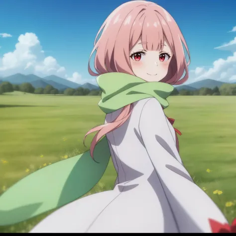 <lora:Carmilla:1>,
( anime screencap:1.1),outdoors,field,(hill:1.6),,blue sky,
1girl, pink hair, solo, green scarf, cowboy shot,looking at viewer, smile, standing, red eyes, long sleeves, bangs, long hair, closed mouth, holding, (frills:1.1),long coat, blush, short hair,dress,ribbons,from behind, (looking back:1.2),walking, wind,