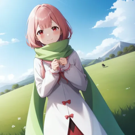 <lora:Carmilla:1>,
( anime screencap:1.1),outdoors,field,(hill:1.6),,blue sky,
1girl, pink hair, solo, green scarf, cowboy shot,looking at viewer, smile, red eyes, long sleeves, bangs, long hair, closed mouth, holding, (frills:1.1),long coat, blush, short hair,dress,ribbons,dutch angle,