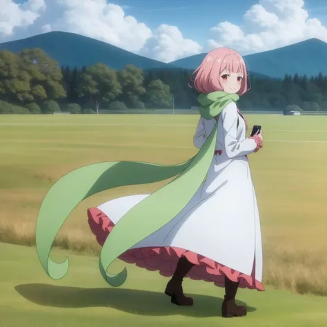 <lora:Carmilla:1>,
( anime screencap:1.1),outdoors,field,grass,hill,,blue sky,
1girl, pink hair, solo, green scarf, full body, boots, looking at viewer, smile, standing, red eyes, long sleeves, bangs, long hair, closed mouth, holding, frills, coat, blush, short hair,dress,ribbons,from behind, looking back,