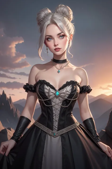 beautiful adult woman, solo, high quality, standing, best quality, high detail, c0rs3t, wearing (satin bustier), (pearls), shoulders, <lora:PearlPrincessCorset:1> ((Grand)), Stone's Secret, Majestic ((charcoal velvet ballgown)), Deep (nightshade hue), Rune-carved (bodice), Jagged peak (skirt), Rugged (silver stonework), (Obsidian) inlays, Striking (mountaintop trim), Realm's reverence, Starburst choker, Sleek bun crowned with (mountain gem) circlet