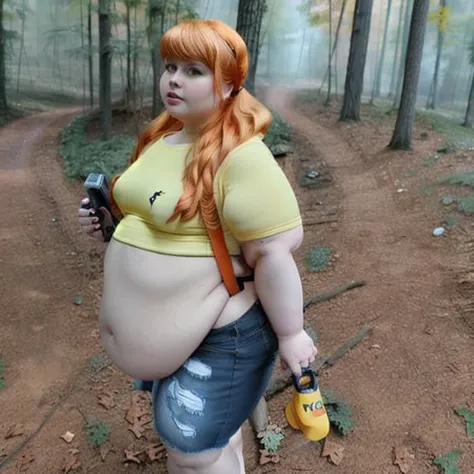 <lora:BeccaBae:1> misty \(pokemon\), forest, looking at viewer, fat, obese, big belly, huge belly, massive belly, belly, crop top, yellow shirt, yellow crop top, suspenders, suspender shorts, red suspenders, denim shorts, skin tight, tight shirt, tight shorts, standing, holding belly, orange hair, short hair, realistic, photograph, outdoors, sunlight, dslr, overweight