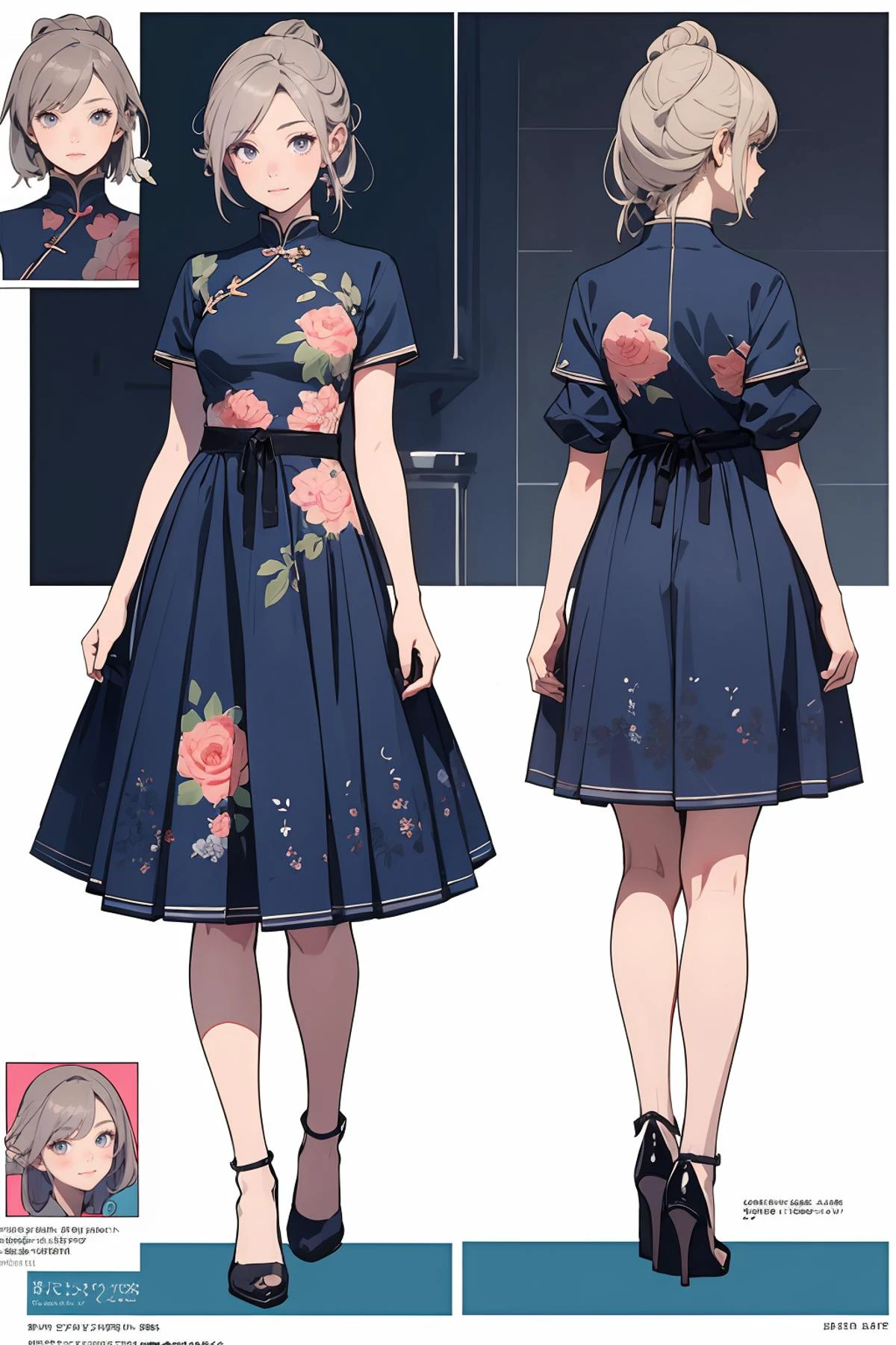 8k high quality detailed,highres,anime,comic,detailed image,
(an illustration of a age girl posing,(an illustration of girl,teengirl)),(magazine_illustration),(multiple view manuscript),(magazine_sheet),
(1girl,asian_female,coral hair, very long hair, topknot, gray eyes, dark skin, dark-skinned female, small breasts,(Sunny Smile):0.85),detailed_face,realistic_skin_texture,
((Posing with hands behind the back, looking serious,):0.8),
((< lora:z_ cheongsam-senluo-blue print_1_keepchar:0.6>,blue dress,china dress,loose_fitting,floral print,black pantyhose,fine fabric emphasis,black high heels):0.8),realistic clothing texture,