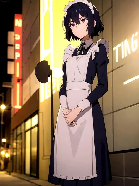 1girl, (shapely body), (solo), 25 years old, hdr, <lora:Nunotaba_Shinobu_V2:0.7>, ((maid suit)), epic realistic, RAW, analog, dim light, neon lamps, (1 person), (((night))), blinding lights, relaxed posture, people in the background, dark lighting, neon advertising, advertising posters, advertising hologram, realistic shadows, stands in the semi-darkness of a ruined building, ((highly detailed skin, skin details)), sharp focus, 8k UHD, DSLR, high quality, film grain, Fujifilm XT3, soft cinematic light, adobe lightroom, photolab, hdr, intricate, highly detailed, (depth of field:1.4), faded, (neutral colors:1.2), (hdr:1.4), (muted colors:1.2), hyperdetailed, (natural skin texture, hyperrealism, soft light, sharp)