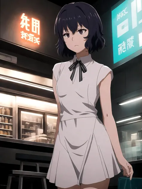 1girl, (shapely body), (solo), 19 years old, hdr, <lora:Nunotaba_Shinobu_V3:0.7>, ((maid)), epic realistic, RAW, analog, dim light, neon lamps, (1 person), (((night))), blinding lights, relaxed posture, people in the background, dark lighting, neon advertising, advertising posters, advertising hologram, realistic shadows, ((highly detailed skin, skin details)), sharp focus, 8k UHD, DSLR, high quality, film grain, Fujifilm XT3, soft cinematic light, adobe lightroom, photolab, maidcafe, intricate, highly detailed, (depth of field:1.4), faded, (neutral colors:1.2), (hdr:1.4), (muted colors:1.2), hyperdetailed, (natural skin texture, hyperrealism, soft light, sharp)