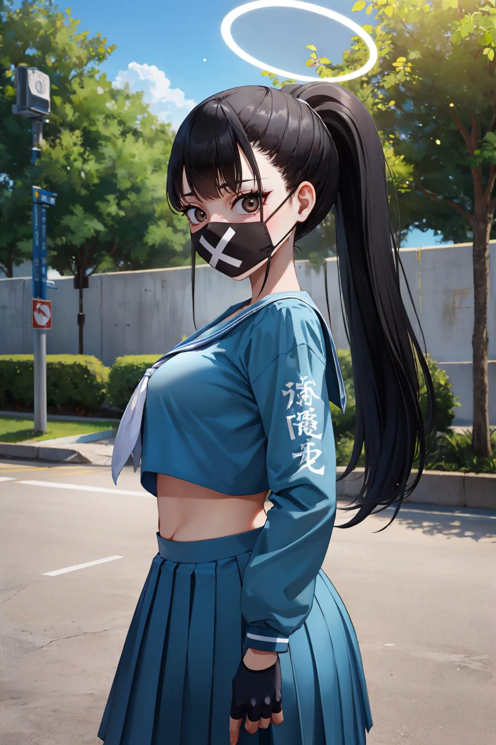 masterpiece, best quality, 1girl, looking at viewer, breasts, outdoors, lens flare, depth of field, light particles, <lora:smgsukeban-nvwls-v1:1> smgsukeban, ponytail, halo, mouth mask, blue serafuku, long sleeves, midriff, blue skirt, fingerless gloves