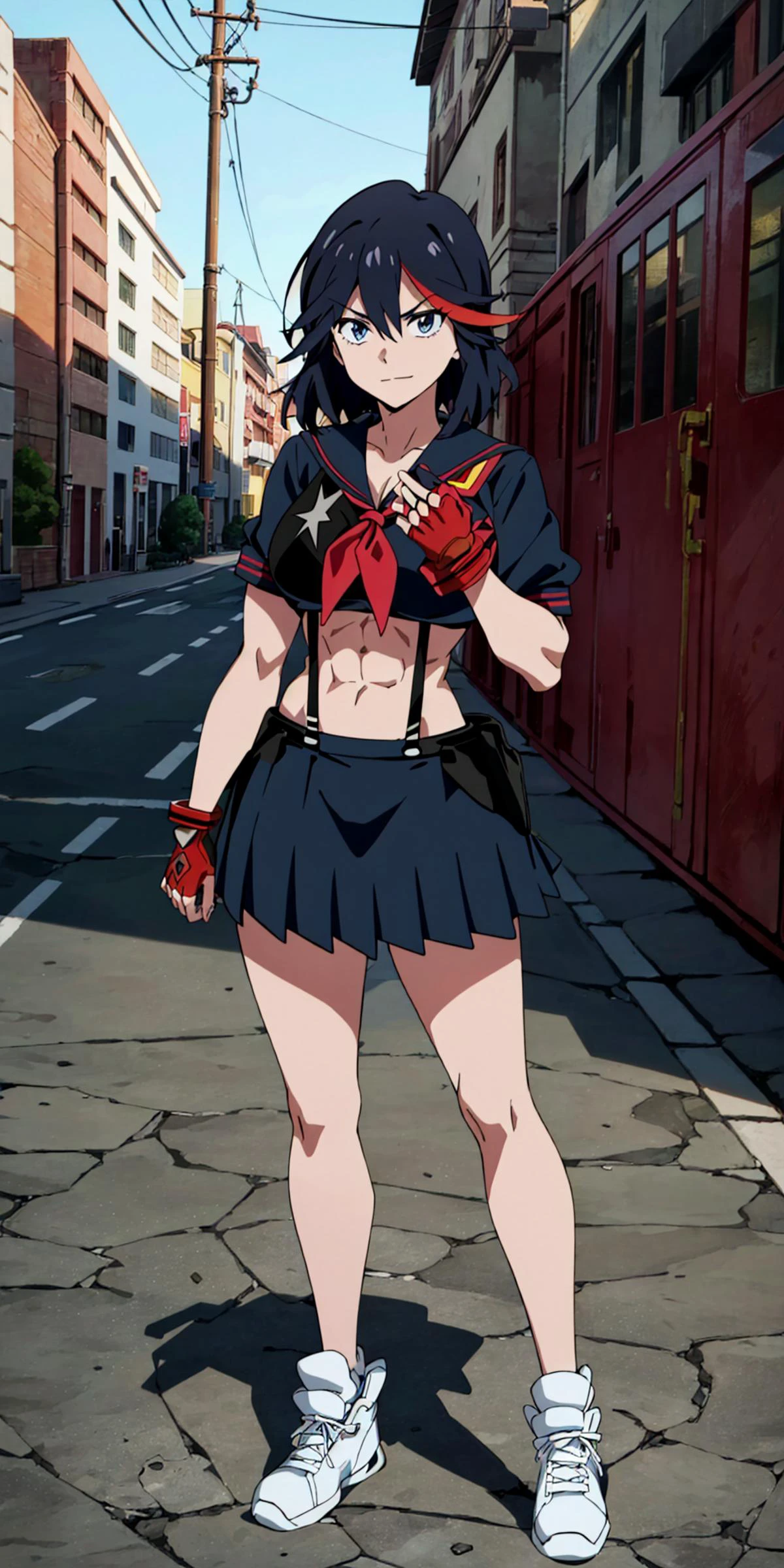 masterpiece, high quality, best quality, 1girl, (muscular female:1.0), (super gigantic breasts:1.0), (closed mouth, half smile), matoi ryuuko, school uniform, black serafuku, suspender skirt, white sneakers, red left-handed fingerless glove, anime screencap, anime key visual, (fully clothed:1.0), full body <lora:MatoiRyuukoV3:1.0>