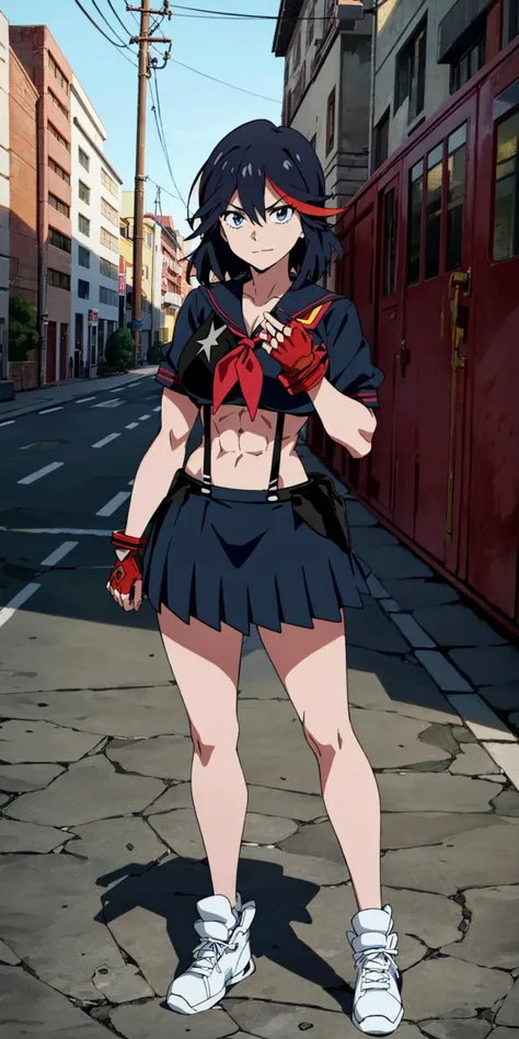 masterpiece, high quality, best quality, 1girl, (muscular female:1.0), (super gigantic breasts:1.0), (closed mouth, half smile), matoi ryuuko, school uniform, black serafuku, suspender skirt, white sneakers, red left-handed fingerless glove, anime screencap, anime key visual, (fully clothed:1.0), full body <lora:MatoiRyuukoV3:1.0>