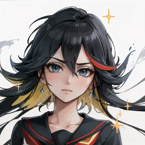 ((best quality)), ((highly detailed)), masterpiece, ((official art)), extremely detailed face, beautiful face, (detailed eyes, deep eyes), (1girl:1.33, solo), <lora:matoiRyuukoKillLaKill:.9>, matoi ryuuko, school uniform, black serafuku, suspender skirt, midriff, <lora:abstractPortraits_v1:.75>, pxint, portrait, violet and blue, droplets, flowing, with a splash of paint, paint splash, multicolored, sparkle, bubble, (abstract)