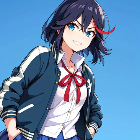 beautiful, masterpiece, best quality, extremely detailed face, perfect lighting, 1girl, solo, <lora:MatoiRyuukoV3:0.7>, <lora:EkuneStyleLoRA:1>, matoi ryuuko, blue background, blue skirt, hands in pockets, jacket, letterman jacket, looking at viewer, neck ribbon, open jacket, pleated skirt, red ribbon, ribbon, shirt, simple background, skirt, smile, solo, white shirt