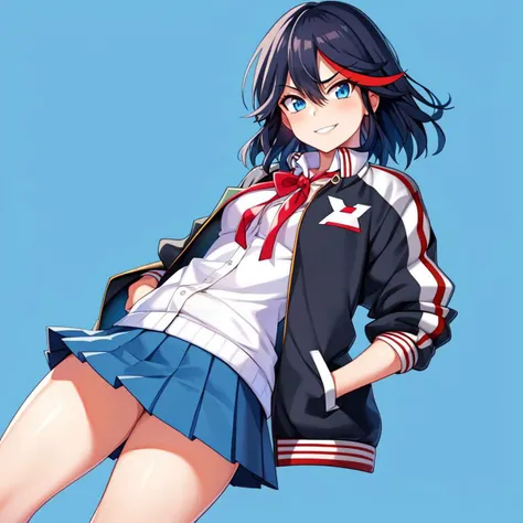 beautiful, masterpiece, best quality, extremely detailed face, perfect lighting, 1girl, solo, <lora:MatoiRyuukoV3:0.7>, <lora:EkuneStyleLoRA:1>, matoi ryuuko, blue background, blue skirt, hands in pockets, jacket, letterman jacket, looking at viewer, neck ribbon, open jacket, pleated skirt, red ribbon, ribbon, shirt, simple background, skirt, smile, solo, white shirt