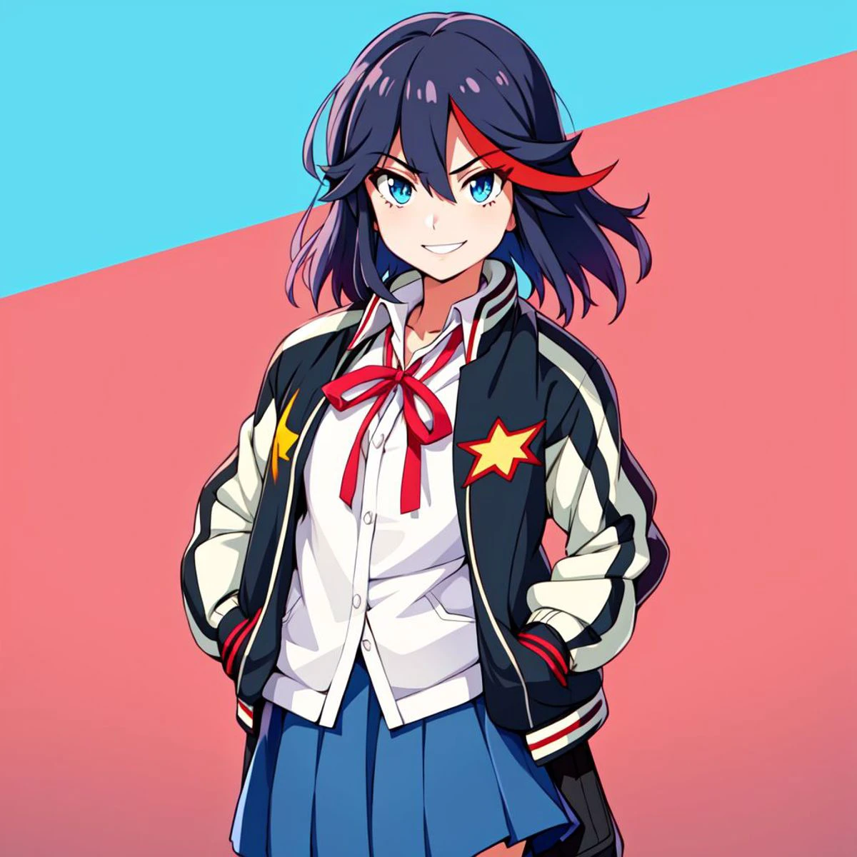 beautiful, masterpiece, best quality, extremely detailed face, perfect lighting, 1girl, solo, <lora:MatoiRyuukoV3:0.7>, <lora:EkuneStyleLoRA:1>, matoi ryuuko, blue background, blue skirt, hands in pockets, jacket, letterman jacket, looking at viewer, neck ribbon, open jacket, pleated skirt, red ribbon, ribbon, shirt, simple background, skirt, smile, solo, white shirt