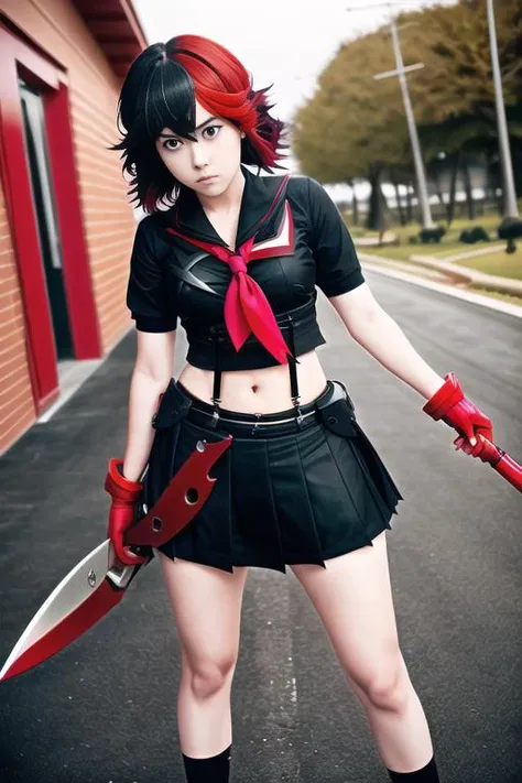 award winning photo of matoi ryuuko cosplay, black serafuku, black skirt, red hair, scissor blade, at an academy