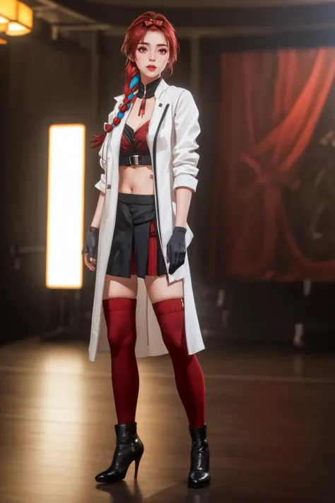 8k,highres,absurdres,masterpiece,best quality,original,extremely detailed CG,extremely detailed wallpaper,perfect lighting,<lyco:GoodHands-beta2:1>,
1girl,solo,blurry_background,looking_at_viewer,standing on the stage,
<lora:chixia:0.7>,chixiadef,thighhighs,gloves,jacket,open clothes,fingerless gloves,white jacket,single thighhigh,red gloves,asymmetrical legwear,bow,side braid,single braid,