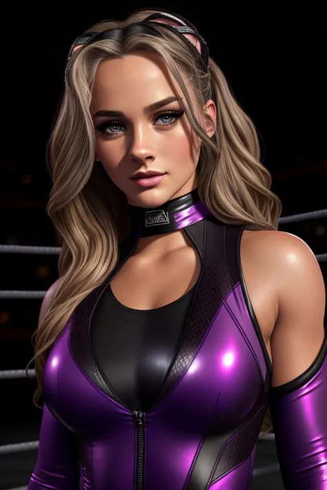 photo of annajay as a professional wrestler, in a wrestling ring, large arena, wearing a ((purple and black catsuit)), black choker ,(raw photo:1.2),((photorealistic:1.4))best quality ,masterpiece, illustration, an extremely delicate and beautiful, extremely detailed ,CG ,unity ,8k wallpaper, Amazing, finely detail, masterpiece,best quality,official art,extremely detailed CG unity 8k wallpaper,absurdres, incredibly absurdres, huge filesize, ultra-detailed, highres, extremely detailed,beautiful detailed girl, extremely detailed eyes and face, beautiful detailed eyes,light on face,cinematic lighting