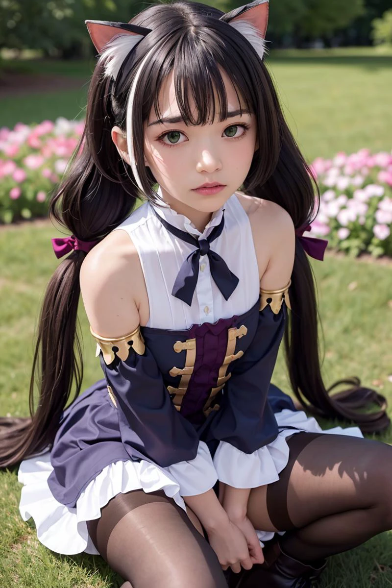 detailed photo of a delicate catgirl sitting in a flowerbed, flower, white flower, daisy, clover, flower field, masterpiece, best quality, ultra-detailed,1girl, bangs, bare shoulders, black pantyhose, blush, boots, bow, small breasts, brooch, brown footwear, closed mouth, detached sleeves, dress, frilled dress, frilled skirt, frills, green eyes, hair bow, jewelry, karyl, long sleeves, looking at viewer, low twintails, pantyhose, purple bow, sitting, skirt, sleeveless, sleeveless dress, solo, tail, twintails, wariza, (embarrassed, afterglow, full-face blush, frown), <lora:karyl_v1:1.2>, <lora:saikaKawakita_saikaV30:0.6>