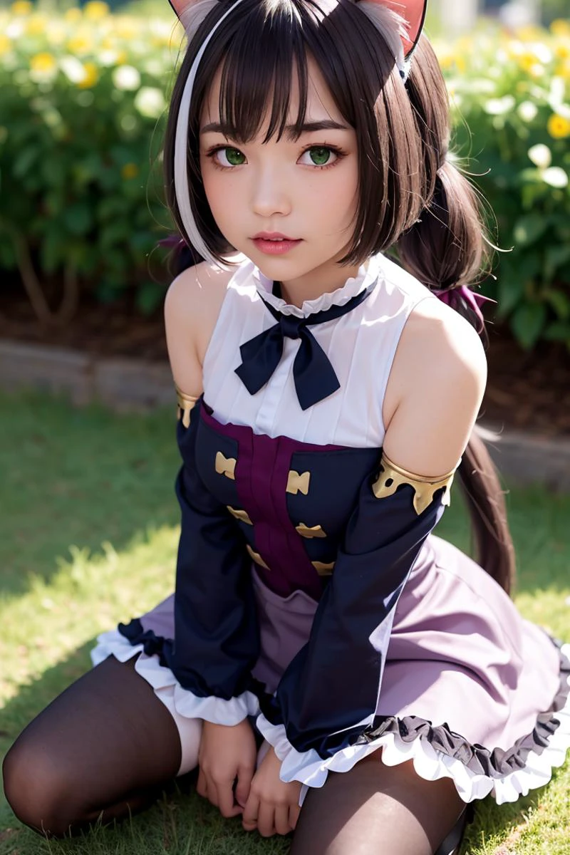 detailed photo of a delicate catgirl sitting in a flowerbed, flower, white flower, daisy, clover, flower field, masterpiece, best quality, ultra-detailed,1girl, bangs, bare shoulders, black pantyhose, blush, boots, bow, small breasts, brooch, brown footwear, closed mouth, detached sleeves, dress, frilled dress, frilled skirt, frills, green eyes, hair bow, jewelry, karyl, long sleeves, looking at viewer, low twintails, pantyhose, purple bow, sitting, skirt, sleeveless, sleeveless dress, solo, tail, twintails, wariza, embarrassed, afterglow, full-face blush, <lora:karyl_v1:1.2>, <lora:saikaKawakita_saikaV30:0.6>
