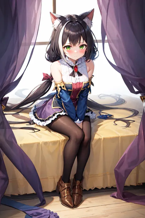 masterpiece, best quality, ultra-detailed,1girl, bangs, bare shoulders, black pantyhose, blush, boots, bow, breasts, brooch, brown footwear, closed mouth, detached sleeves, dress, frilled dress, frilled skirt, frills, green eyes, hair bow, jewelry, karyl, long sleeves, low twintails, pantyhose, purple bow, skirt, sleeveless, sleeveless dress, tail, sitting, white background, long hair <lora:karylV1>