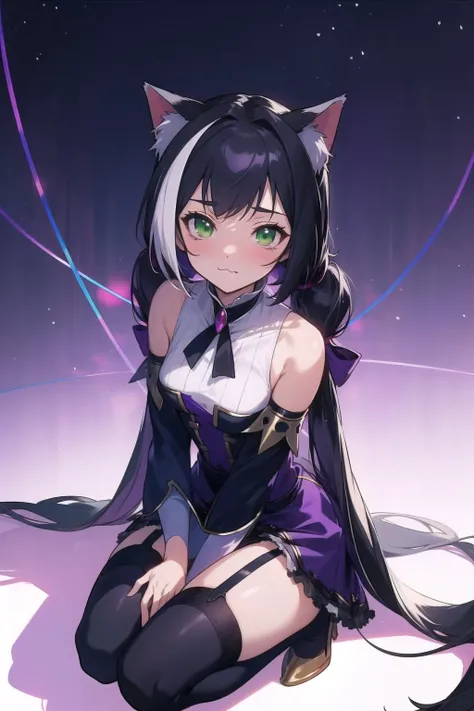 anime, hdr, soft light, ((best quality)), ((masterpiece)), (detailed), <lora:karylV1:1> karyl, small breasts, very long hair, two-tone hair, low twintails, green eyes, cat tail, black dress, detached sleeves, black thighhighs, black garter belt, black garter straps, looking at viewer, :3, squatting, legs apart, hands between legs, purple lines, purple aura, <lora:LAS:0.5>