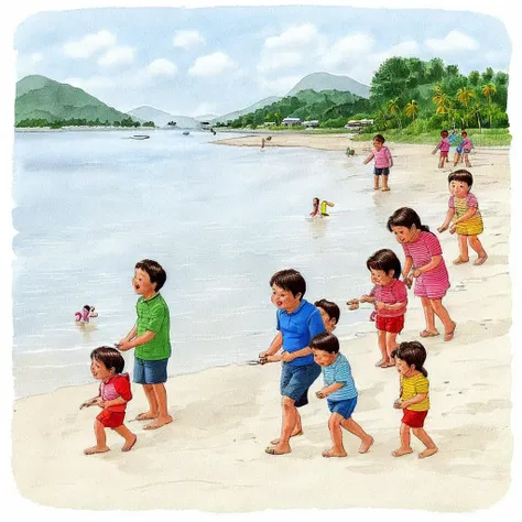 <lora:妿å¯ä»¥ï¼è¯·ææçå¨ç«¥å¹´é:0.75> children's illustration, beach scene