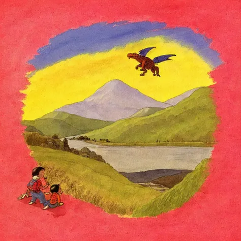 <lora:妿å¯ä»¥ï¼è¯·ææçå¨ç«¥å¹´é:0.75> children's illustration, a dragon flying above a mountain landscape