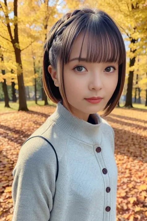 1girl,(wearing a sleeveless turtleneck sweater:1.2),(RAW photo, best quality), (realistic, photo-realistic:1.4), masterpiece, an extremely delicate and beautiful, extremely detailed, 2k wallpaper, Amazing, finely detail, extremely detailed CG unity 8k wallpaper, ultra-detailed, highres, soft light, beautiful detailed girl, extremely detailed eyes and face, beautiful detailed nose, beautiful detailed eyes,cinematic lighting,(in a beautiful forest of pine trees at a Japanese countryside),(autumn scenery:1.3),(maple trees in autumn),(by a small rocky river),(morning light),perfect anatomy,slender body,smiling, <lora:aratayui_lora:0.8>