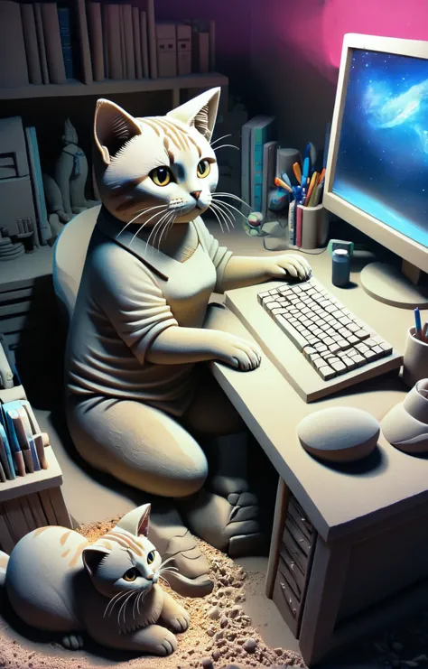 3d isometric, blender render, soft colorful-hued colors, In a sand sculpture style, <lora:Sand-Sculpture-Style-SCG-000011:1>, a cute cat sitting at his desk working hard on his computer to generate more images of anime girls with big breasts. Two tone lighting, colorful background