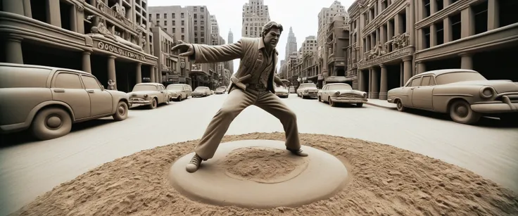 In a sand sculpture style, <lora:Sand-Sculpture-Style-SCG:0.85>, wide angle candid photo instagram post, fat cosplay Han Solo dancing on Hollywood Blvd, analog, film grain, bokeh, shallow depth of field, masterpiece