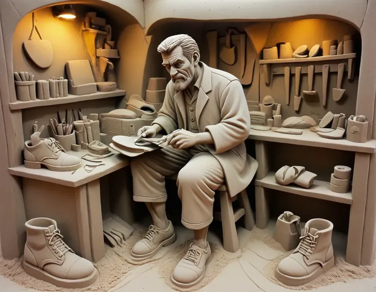 In a sand sculpture style, <lora:Sand-Sculpture-Style-SCG:0.85>,, A cobbler crafting custom shoes in a quaint shop, leather scraps everywhere.