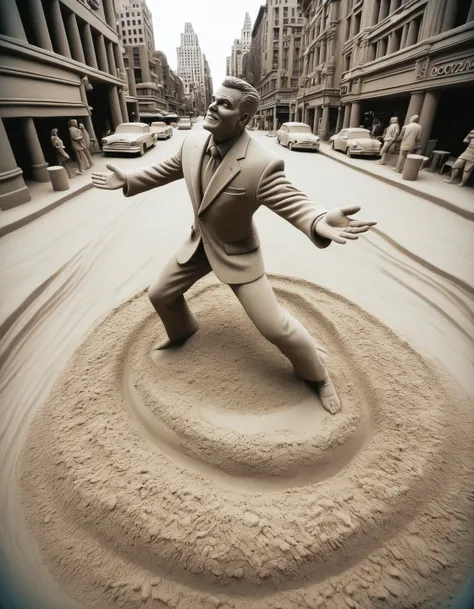 In a sand sculpture style, <lora:Sand-Sculpture-Style-SCG:0.85>, wide angle candid photo instagram post, fat cosplay Sandman dancing on Hollywood Blvd, analog, film grain, bokeh, shallow depth of field, masterpiece