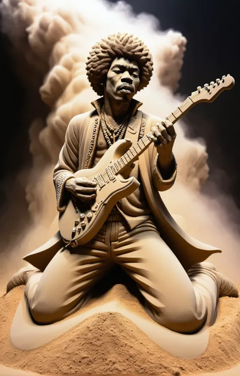 3d isometric, blender render, soft colorful-hued colors, In a sand sculpture style, <lora:Sand-Sculpture-Style-SCG-000011:0.7>, jimi hendrix kneeling during a sandstorm with towering clouds of smoke behind him. Two tone lighting, colorful background