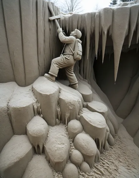 In a sand sculpture style,  <lora:Sand-Sculpture-Style-SCG:0.85>,, Ice climber scaling a frozen waterfall, ice chips flying from the pickaxe.